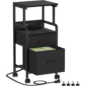 Printer Stand with Power Outlets & File Cabinet, Rolling Printer Cart with Wheels, 4 Tiers Mobile Printer Table with 2 Drawers for Home Office, Living Room, Black