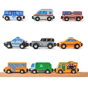 9 Piece Wooden Cars with Magnets - City Vehicles, Emergency Trucks, School Bus, Police, Fire, Ambulance, Taco Truck Toy - Community Helpers Play Set - Zany Trains