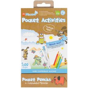 jR. Pocket Activity Pack, 50 Activity Sheets + 4 Color Pencils + 50 Blank Drawing Paper Sheets - Travel + Portable - Ages 3+