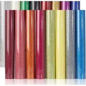 IRON-ON HTV Glitter Heat Transfer Vinyl Bundle 12" x 10" Sheets 16 Assorted Colors 16 Pack Iron on Vinyl for Shirts DIY Desing