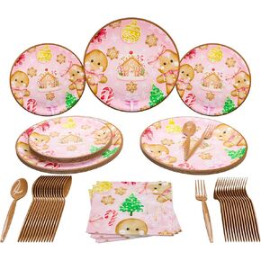 Gingerbread Party Standard Pack (100 Pieces for16 Guests) - Gingerbread Party Supplies, Christmas Party Supplies, Holiday Paper Plates,Gingerbread Gender Reveal, Christmas Plates and Napkins