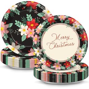 50Pcs Christmas Floral Plates Christmas Party Decoration 7Inch Xmas Disposable Paper heavy duty Dessert Plate Holiday Appetizer Tableware Dinnerware Set for Winter Birthday Dinner Table Party Supplies