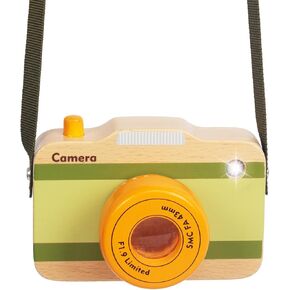 Wooden Mini Pretend Camera Toy with Real Sounds and Light for Toddlers 1 2 3 Years Old, Neck Hanging Photographed Props for Boys Girls Children Kids