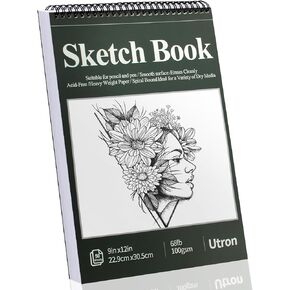 Utron 9"x12" Sketchbook Drawing, Top Spiral Sketching Pad, 100GSM/68LB Acid Free Art Sketching Pad, Drawing Paper, Beginner Artist (50 Sheets, White)