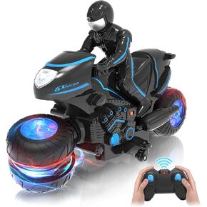 دراجة نارية RC، دراجة نارية بجهاز تحكم عن بعد مع أضواء عجلات RGB - دوران 360 درجة، انجرافات، سرعة عالية، لعبة سيارة RC للأولاد من سن 6 إلى 12 عامًا