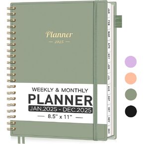 2025 Planner, Weekly and Monthly Planner (Jan 2025 - Dec 2025), 8.5" x 11", 2025 Calendar Planner Book with Monthly Tabs, Inner Pocket, Spiral Bound, Ideal for Office Home School Supplies, Sage Green