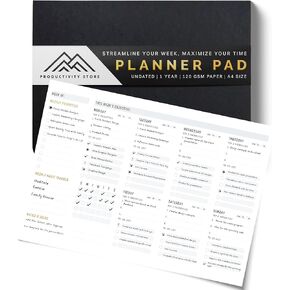 Productivity Store - Weekly Desk Planner Pad, 12-Month Productivity Planner, Tear-Out Deskpad for To-Do List, Productivity Tools for Time Management and Mindfulness, A4 Size, Black