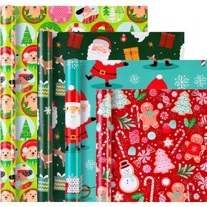 Christmas Wrapping Paper (4 Rolls: 148 sq. ft. ttl) Santa Claus Carrying Gifts, Candy Cane, Reindeer, Christmas Tree/Bell, Dogs Pattern- Christmas Elements Collection - 30 inches x 14.8 feet Per Roll