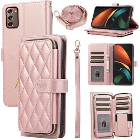 Wallet Case for Samsung Galaxy Z Fold 3 5G 2021 with Wrist Strap Crossbody Shoulder Strap, 9+ Card Slots Zipper Purse, Luxury PU Leather Stand Phone Cover for ZFold3 Z3 Fold3 3Z ZFold35G Black
