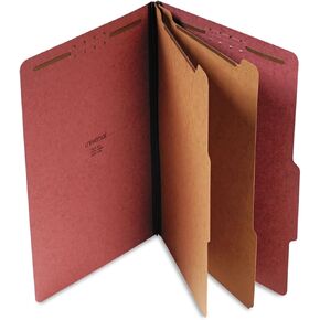 Universal Six-Section Pressboard Classification Folders, 2" Expansion, 2 Dividers, 6 Fasteners, Legal Size, Red Exterior, 10/Box