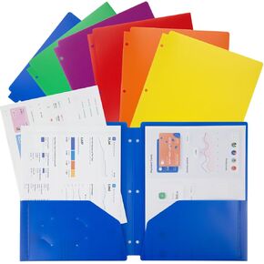 3 Hole Punch Pocket Folders - Extra Tough Folders - Assorted Colors - 6 Pack-for Students, Teachers, Office Staff