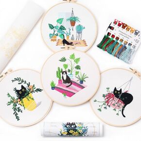 REEWISLY 4 pcs of Embroidery Starter kit with Patterns and Instructions, DIY Adult Beginner Cross Stitch Kits, Including 2 Plastic Embroidery Rings, 1 Pair of Scissors, Colored Threads and Needles