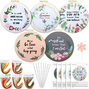 Crowye 5 Sets Inspired Quote Embroidery Kit for Beginner Adult Motivational Embroidery Starter Kit Floral Cross Stamped Needlepoint Kit Embroidery Hoops Thread Needles for Adults Craft Lover