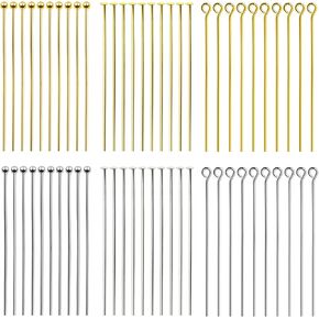 TOAOB 300pcs Assorted Head Pins Set for Jewelry Making Includes Brass Gold Silver Headpins 50mm Flat Head Pins and Eye Pins for DIY Craft