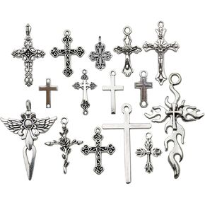 100g (60pcs) Antique Silver Cross Jesus Maria Our Lady Miraculous Centerpiece Crucifix Medal Charms Pendants for Crafting, Jewelry Findings Making Accessory For DIY Rosary Necklace Bracelet (M154)