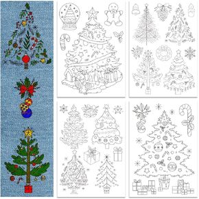 GLOBLELAND 4 Sheets Christmas Tree Water Soluble Hand Sewing Stabilizers for Fabric 11.6x8.2 Inch Embroidery Stitch Practice Embroidery Patterns Transfers for Embroidery Beginners