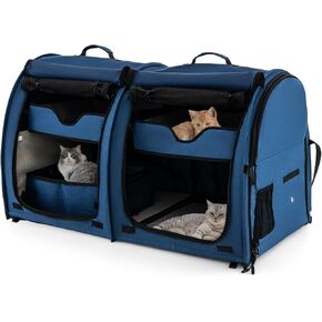 PETSITE 40 Inch Cat Carrier with Double Compartments, Portable Pet Kennel with 2 Removable Hammocks, Dual-use Mats & Litter Box, Soft-Sided Cat Dog Crate with Carry Bag & Ground Stakes (Black)