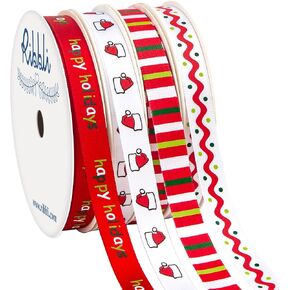 Ribbli Satin 4 Rolls Christmas Ribbon,Happy Holidays Ribbon Use for Christmas Craft,Gift Wrapping,Home Decor,3/8 Inches Total 40 Yards,Red/White/Green