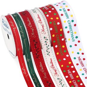 Ribbli Christmas Ribbon for Gift Wrapping Merry Christmas Ribbon Use for Christmas Craft,Gift Wrapping,Home Decor,3/8" 5/8" 1"- 6 Rolls Total 30 Yards,Red/White/Green