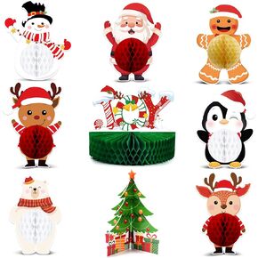 Christmas Party Honeycomb Centerpieces for Xmas Table Decorations, 9Pcs Christmas Center Pieces Tabletop Signs, Cute Santa Snowman Reindeer Holidays Honeycomb Centerpieces for Christmas Party Supplies