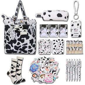75 Pcs Cow Gift Set Cow Back to School Supplies Set Cow Tote Bags Cow Stickers Cow Socks Cow Pens Sticky Notes Pencil Bag Notebooks Badge Holder Paperclip Bookmarks for School Office Party Favors