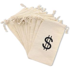Juvale 12 Pack Dollar Sign Drawstring Gift Bags, Cowboy Pirate Theme Birthday Party Favor Canvas Pouches, 4.3 x 7 in
