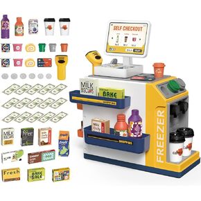 deAO Toy Cash Register Coffee Machine Toys 2 in 1 Play Food for Kids Pretend Play Grocery Store Kids Store Supermarket Playset (Green)