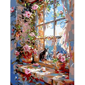Skyboda DIY Paint by Numbers Kit for Adults, Cat Sat on The Windowsill Paint by Numbers kit On Canvas for Beginners DIY Oil Painting Kits for Home Wall Decor 12x16inch (30x40cm)
