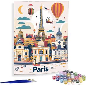 Diymood Paint by Numbers Kits for Adults Eiffel Tower, DIY Oil Painting City Acrylic Paint by Number for Adults Beginner with Brushes for Home Wall Decor 16x20 inch