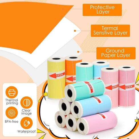 HuiJuKeJi 9 Rolls Mini Printer Sticker Paper,Thermal Self-Adhesive Paper 57 * 25mm,3 Rolls of White &6 Rolls of Colour Paper for Pocket Inkless Portable Bluetooth Printer to Print Photo,Note in Saudi Arabia