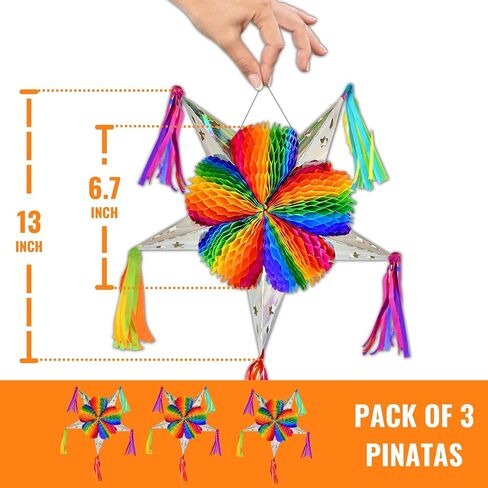 Colorful Mexican Mini Piñata Star: 13 Inch (3-Pack) Fiesta/Party Themed Decorations for Christmas, Birthdays, Cinco de Mayo, Taco Tuesday, and More Celebrations in Saudi Arabia