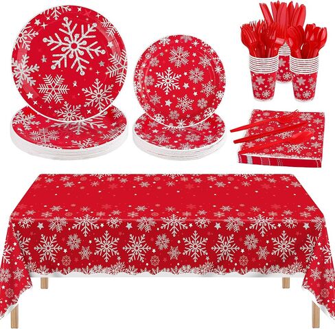 durony 169 Pieces Christmas Snowflake Tableware Set Winter Frozen Birthday Party Supplies Disposable Blue Snowflake Paper Plates Cups Napkins Spoons Forks Knives Plastic Tablecloth, Serves 24 Guests in Kuwait