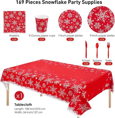 durony 169 Pieces Christmas Snowflake Tableware Set Winter Frozen Birthday Party Supplies Disposable Blue Snowflake Paper Plates Cups Napkins Spoons Forks Knives Plastic Tablecloth, Serves 24 Guests in Kuwait