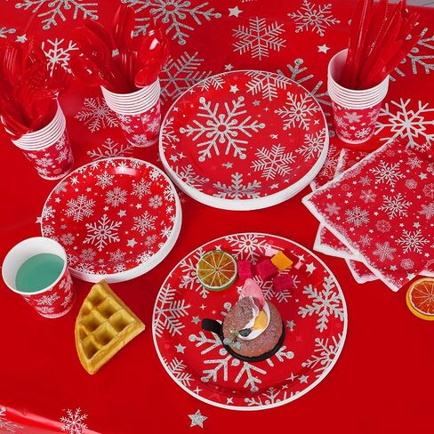 durony 169 Pieces Christmas Snowflake Tableware Set Winter Frozen Birthday Party Supplies Disposable Blue Snowflake Paper Plates Cups Napkins Spoons Forks Knives Plastic Tablecloth, Serves 24 Guests in Kuwait