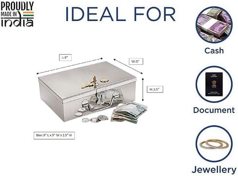 GinoSet® Stainless Steel Cash/Coin/Jewellery Storage Rectangular Silver Boxes with Pre-Fitted Lock (8" x 5" x 2.7") (M) in Saudi Arabia