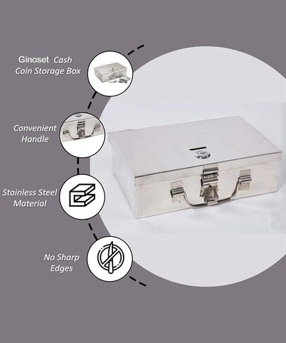 GinoSet® Stainless Steel Cash/Coin/Jewellery Storage Rectangular Silver Boxes with Pre-Fitted Lock (8" x 5" x 2.7") (M) in Saudi Arabia