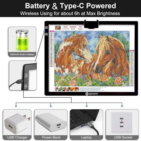 A3 Wireless Light Pad, QENSPE Rechargeable Battery Powered LED Light Board Tracing Light Box, 3 Color Modes and 6 Levels Brightness Dimmable A3 Light Copy Pad for Diamond Art with Stand (White) in Saudi Arabia