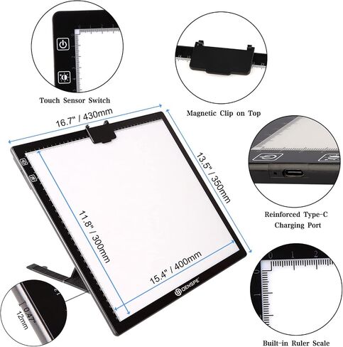 A3 Wireless Light Pad, QENSPE Rechargeable Battery Powered LED Light Board Tracing Light Box, 3 Color Modes and 6 Levels Brightness Dimmable A3 Light Copy Pad for Diamond Art with Stand (White) in Saudi Arabia