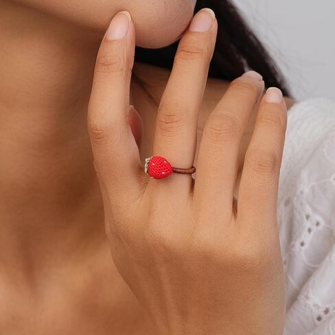 JOMODECOR Handmade Crochet Red Strawberry Ring, Knitted Artificial Forever Flowers, 14K Solid Gold, Lightweight Jewelry, Great Gift for Girlfriend Mom Women in Saudi Arabia