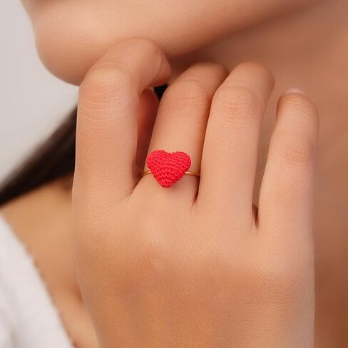 JOMODECOR Handmade Crochet Red Strawberry Ring, Knitted Artificial Forever Flowers, 14K Solid Gold, Lightweight Jewelry, Great Gift for Girlfriend Mom Women in Saudi Arabia