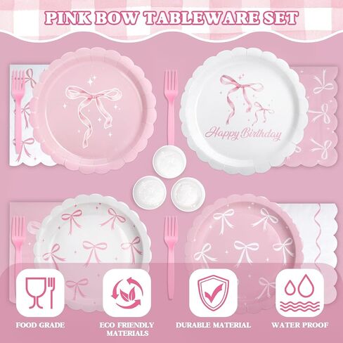 300 Pcs Pink Bow Party Plates, Cups, Napkins and Tableware Sets for Conquette Birthday Decorations, Pink Birthday Party Supplies Include Straws, Pink Birthday Decorations Which Can Serve 50 in Saudi Arabia
