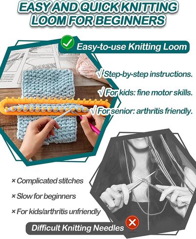مجموعة حياكة النول UCDRMA مع تعليمات خطوة بخطوة، نول حياكة طويل 3 مقاسات فعال من حيث التكلفة للمبتدئين، طقم نول الحياكة سهل وسريع/مجموعة نول الحياكة البطانية مع 3 خطافات و6 إبر in Kuwait