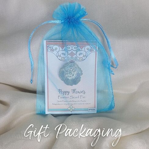 Pewter Poppy Flower Scarf Pin - Gift Packaged - Symbolic of remembrance, Hope, Renewal - Magnetic Back Closure No holes in Clothes - Handcrafted in USA(Shipped Amazon Prime) in Saudi Arabia