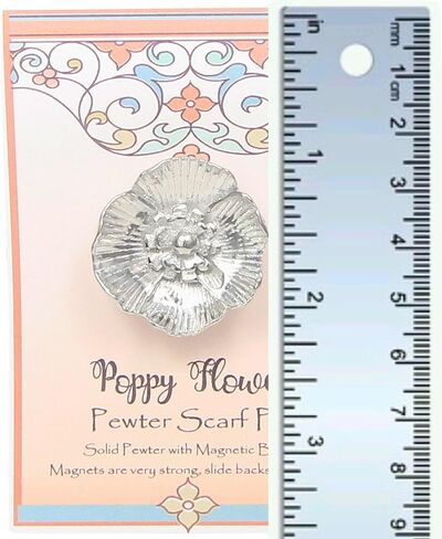 Pewter Poppy Flower Scarf Pin - Gift Packaged - Symbolic of remembrance, Hope, Renewal - Magnetic Back Closure No holes in Clothes - Handcrafted in USA(Shipped Amazon Prime) in Saudi Arabia