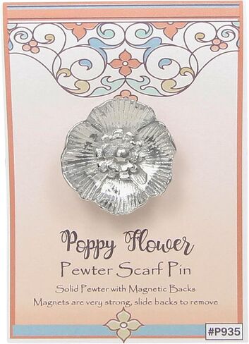 Pewter Poppy Flower Scarf Pin - Gift Packaged - Symbolic of remembrance, Hope, Renewal - Magnetic Back Closure No holes in Clothes - Handcrafted in USA(Shipped Amazon Prime) in Saudi Arabia