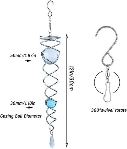 12 inch Gazing Ball Spiral Tail, Prefdo Stainless Steel Wind Spinner Stabilizer with 2 Glass Balls Prism and Hanging Swivel Hook for Outdoor Yard Garden Decoration(Lake Blue) in Kuwait