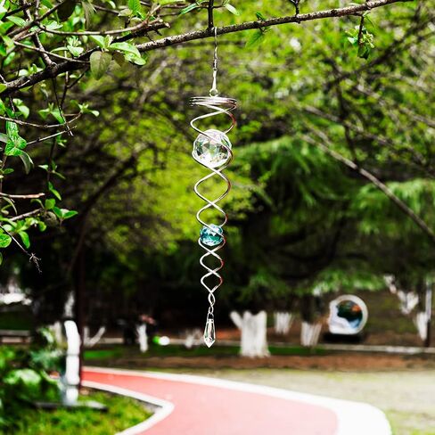 12 inch Gazing Ball Spiral Tail, Prefdo Stainless Steel Wind Spinner Stabilizer with 2 Glass Balls Prism and Hanging Swivel Hook for Outdoor Yard Garden Decoration(Lake Blue) in Kuwait