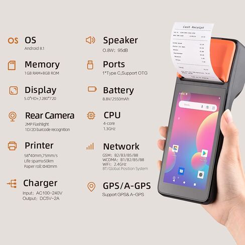 طابعة إيصالات 3G POS المحمولة Android 8.1 1D/2D ماسح الباركود PDA الطرفي يدعم اتصال 3G WiFi BT مع شاشة لمس 5.0 بوصة عرض 58 مم طباعة الملصقات الحرارية للسوبر ماركت in Kuwait