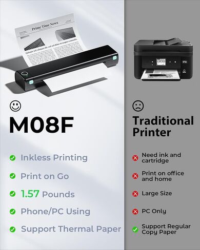 Phomemo M08F Portable Printers Wireless for Travel, Thermal Printer Support 8.5" X 11" US Letter, Bluetooth Inkless Printer Compatible with iOS, Android, Laptop for Travel, Black in Saudi Arabia
