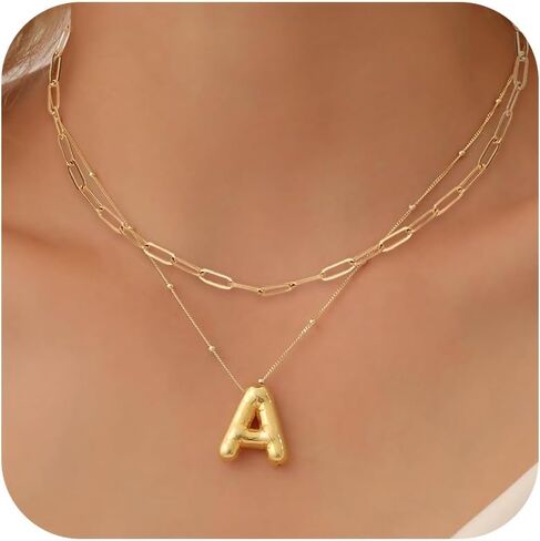 Bubble Letter Necklace Gold for Women Dainty Layered Paperclip Chain Necklace A-Z Personalized Name Jewelry Initial Stockings Christmas Necklace Womens Gifts for Christmas in Saudi Arabia